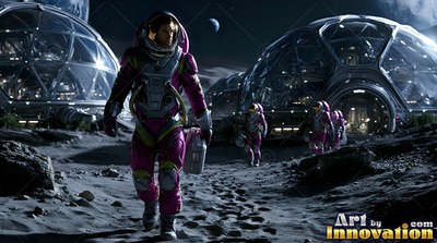 Astronaut in a pink suit walking past moon base domes
