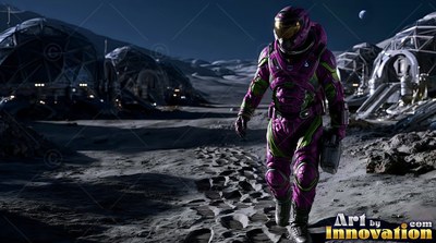 Wearing a purple space suit, an astronaut walks in lunar dust near white domes
