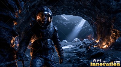 An astronaut in a black suit walks out of a dark cave into cool blue light