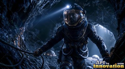 Climbing forward inside a dark cave, an astronaut holds a guide rope under blue light