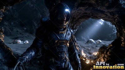 An astronaut in a dark suit stands inside a rocky lunar cave with base domes outside
