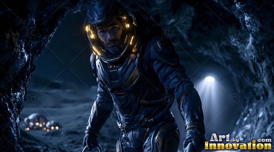 In a dark lunar cave, an astronaut in a blue suit walks toward the light