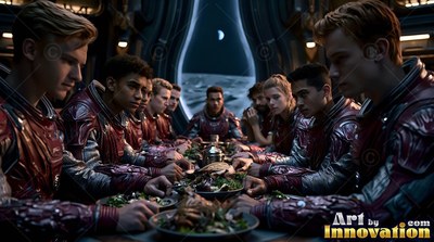 Dining at a long table, astronauts in red suits gather before a curved moon window