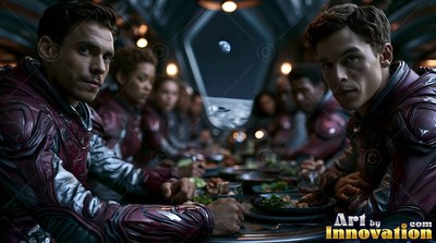 Astronauts in dark red suits sitting around a dinner table under Earth