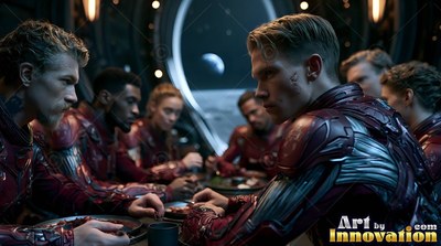 Red armored suits on astronauts seated at a round table before a moon base window