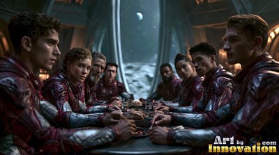 Crew members eat dinner at a long table in dim light beside a lunar window