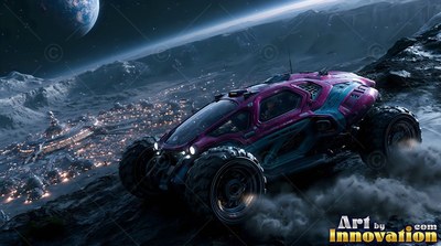 Angled down a dusty ridge, a pink lunar rover drives above a base