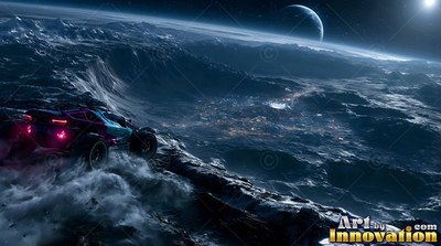 A moon buggy sits on a ridge above a distant city and blue planet