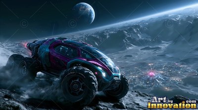 On a rocky lunar ridge, a purple rover speeds above a distant base