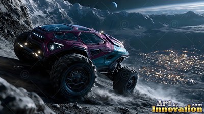 Driving down a dark rocky crater, a purple moon rover kicks up dust above a city