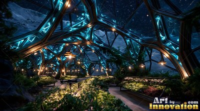 A glass moon greenhouse full of plants under blue lights and stars