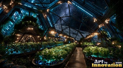 Lush green crops in long planters fill a glass greenhouse dome on the lunar settlement