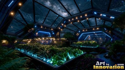 A glass greenhouse shelters rows of green plants under neon blue lights and starry space