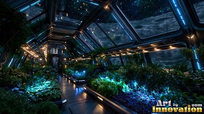 Facing down the aisle of a moon base greenhouse filled with green plants