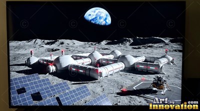 A white lunar base with solar panels sits on gray lunar dust below planet Earth