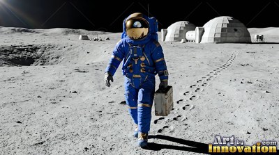 On the gray lunar surface, an astronaut in a blue spacesuit walks with a case