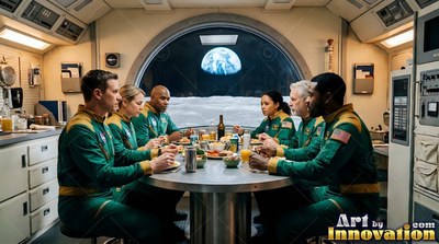 Eating dinner, crew members in green jumpsuits sit before a window looking out at Earth