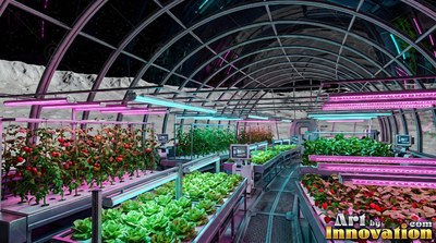 Greenhouse dome on the moon with rows of green crops under pink lights