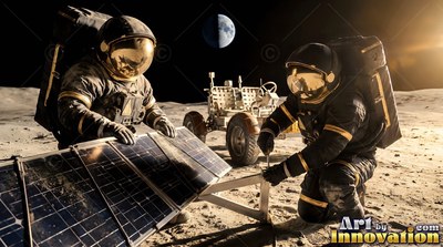 In black spacesuits with gold visors, two astronauts install a solar panel on the moon dust