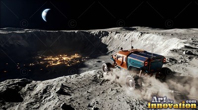 An orange rover drives along a crater rim overlooking warm yellow lights below