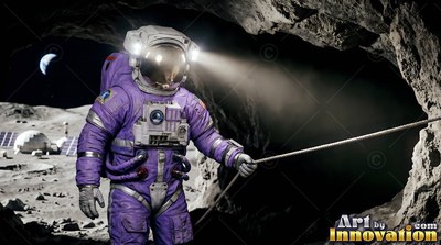 Facing forward, an astronaut in a purple suit holds a rope at a dark lunar cave entrance
