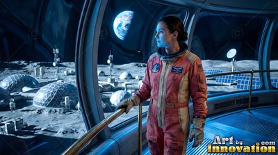 An astronaut in a red flight suit looks out a big window at a lunar settlement