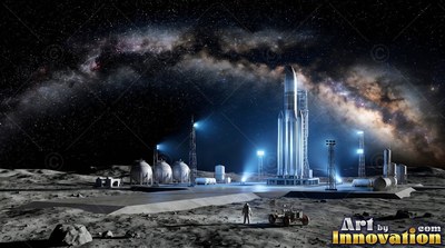 On a dark lunar base, a lone astronaut stands near a rocket under starry skies