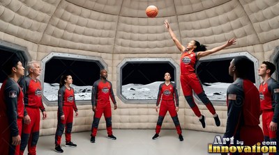 Leaping high toward a basketball, a player in red floats inside a moon dome gymnasium