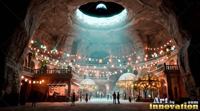 An underground moon base plaza with string lights and people