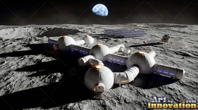 Round white modules form a base on the moon across gray craters below a distant blue Earth