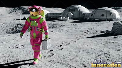 An astronaut walks across the gray dust in a bright pink and green spacesuit carrying a metal case