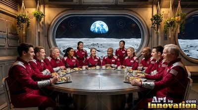 Seated around a round table in a base on the moon dining hall, an astronaut crew in red uniforms