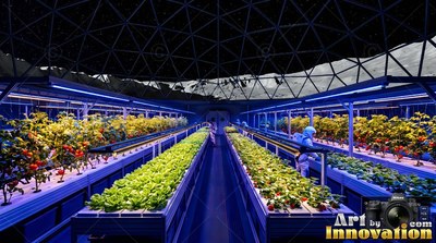 Rows of green crops grow in a lunar dome greenhouse as astronauts tend them