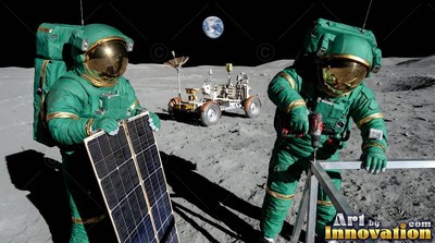 On the gray moon, two astronauts in green spacesuits assemble equipment