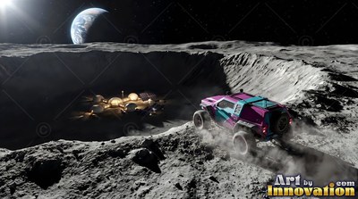 Driving down a dusty gray crater, a pink and blue rover heads toward dome habitats below