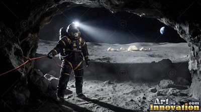 An astronaut in a dark suit stands inside a lunar cave with a headlamp on