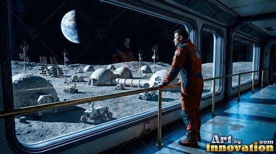 An orange flight suit on an astronaut looking out a long window at white lunar base domes