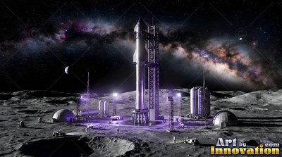 A rocket stands on a lunar launchpad beneath purple floodlights and starry space