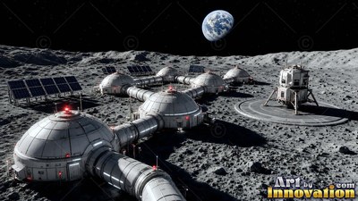 Seen from above, a white modular lunar settlement rests on dark gray lunar dust under Earth