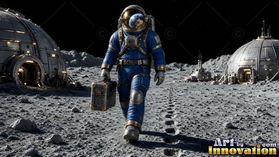 An astronaut in a blue suit carries a case past metal domes on the moon