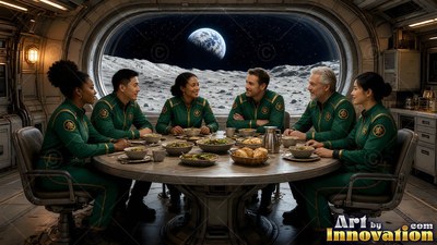 In a lunar base dining room, astronauts in green uniforms sit around a dinner table