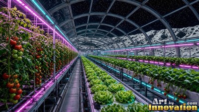 Growing under purple lights, neat rows of crops fill a domed greenhouse on the moon base