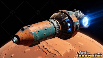 Above a red planet, an orange and green spaceship flies through space
