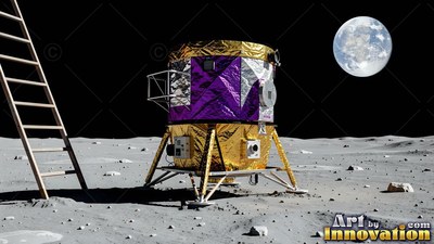 Resting on the gray lunar ground, a gold and purple lander stands below Earth in black space