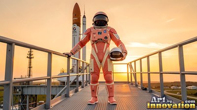 An astronaut in an orange suit stands on a walkway at sunset