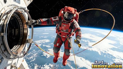 An astronaut floats outside an airlock over Earth in bright sunlight