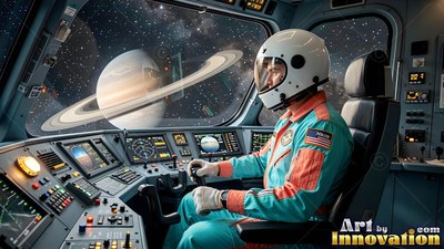 Sitting in profile, an astronaut steers a cockpit facing a ringed planet
