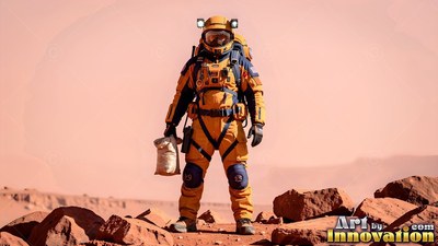 An astronaut in a yellow spacesuit stands holding a sample bag on a red dirt hill