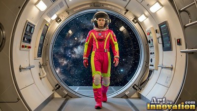 In a circular spaceship corridor, an astronaut walks forward in a pink spacesuit