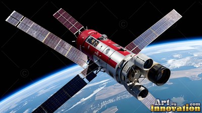 Orbiting high above Earth, a red and white spacecraft spreads four solar panels over the blue sea